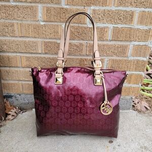 Michael Kors Burgundy Gloss Signature Tan Leather Large Work Tote